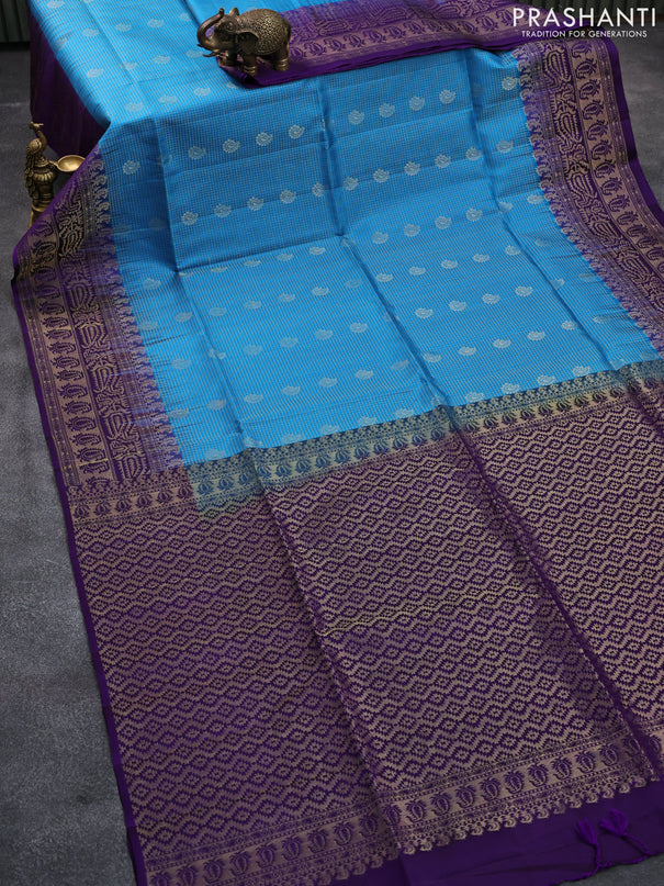Pure soft silk saree cs blue and violet with allover small zari checks & buttas and long zari woven border