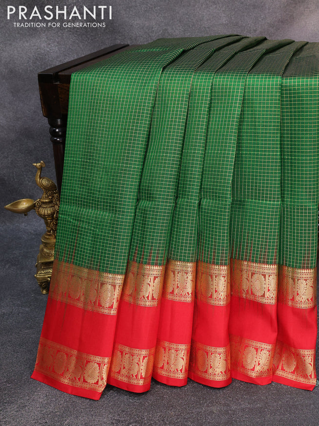 Pure soft silk saree green and red with allover small zari checked pattern and rettapet zari woven border