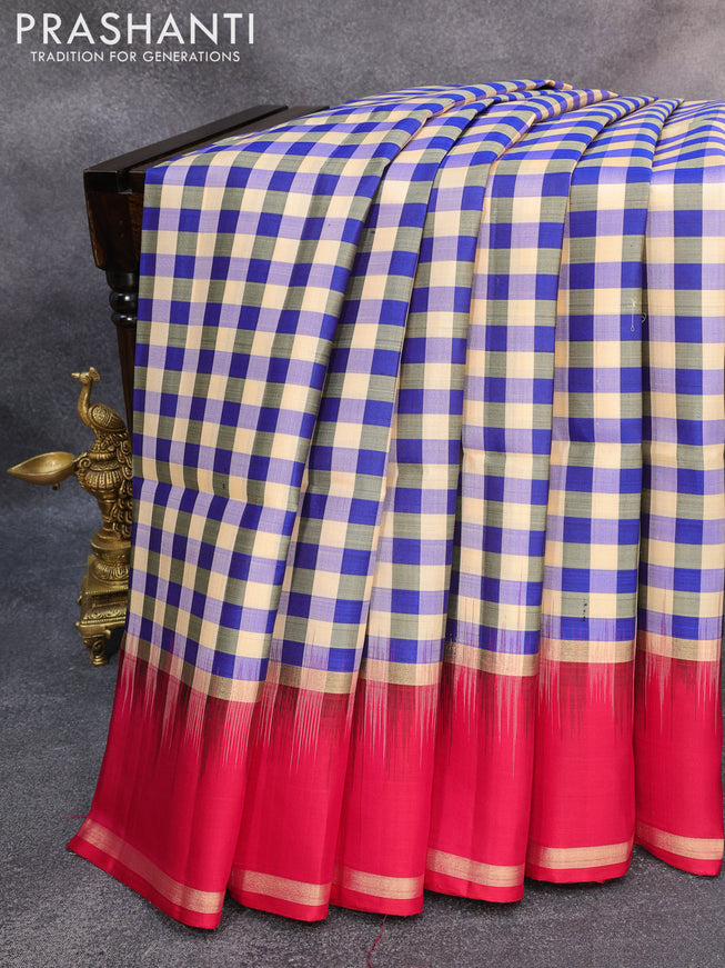 Pure soft silk saree cream blue and dual shade of pink with allover paalum pazhamun checked pattern and rettapet zari woven border