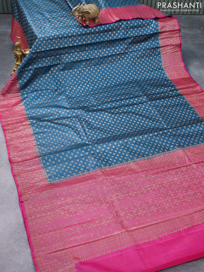 Banarasi tussar silk saree peacock blue and pink with allover thread & zari woven buttas and woven border
