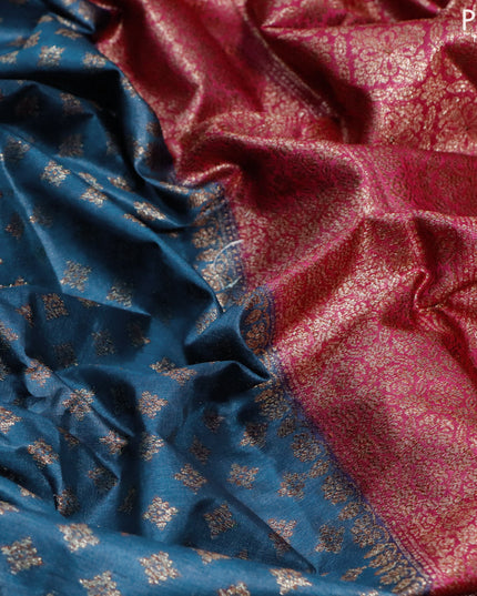 Banarasi tussar silk saree peacock blue and pink with allover thread & zari woven buttas and woven border