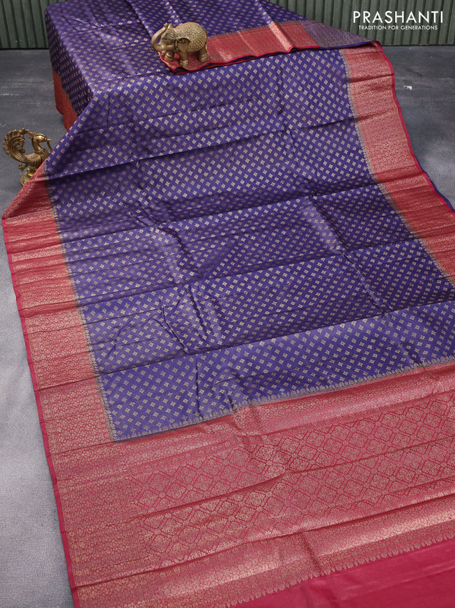 Banarasi tussar silk saree blue and maroon with allover thread & zari woven buttas and woven border