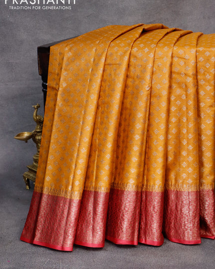 Banarasi tussar silk saree mustard yellow and maroon with allover thread & zari woven buttas and woven border