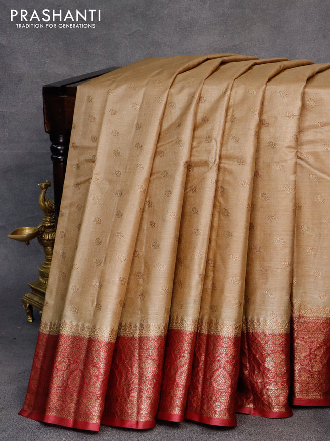 Banarasi tussar silk saree dark sandal and maroon with allover thread & zari woven buttas and woven border