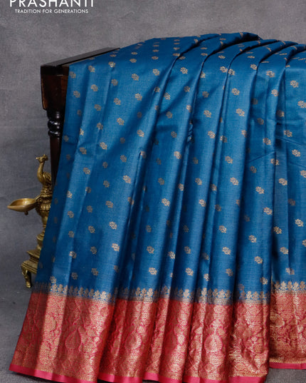 Banarasi tussar silk saree cs blue and dark pink with allover thread & zari woven buttas and woven border