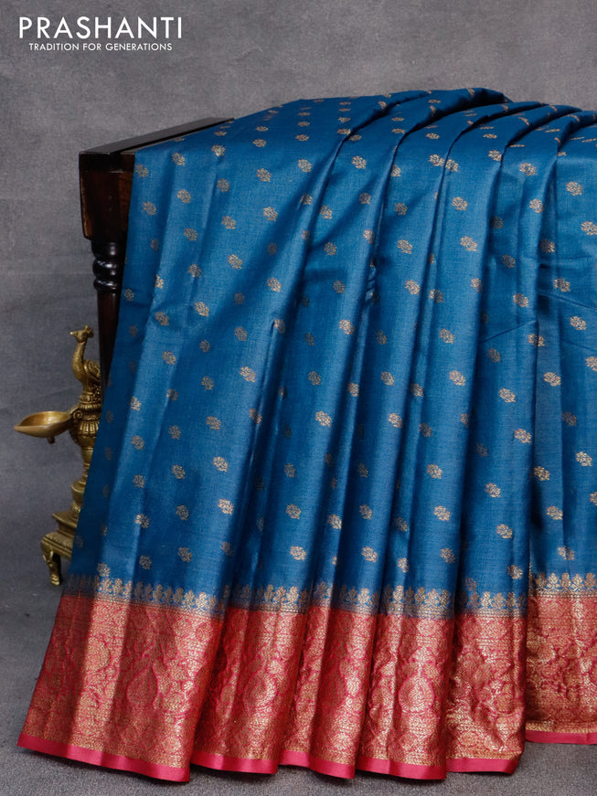 Banarasi tussar silk saree cs blue and dark pink with allover thread & zari woven buttas and woven border