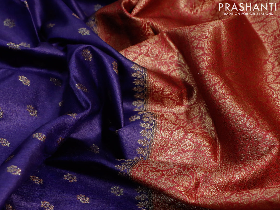 Banarasi tussar silk saree blue and maroon with allover thread & zari woven buttas and woven border