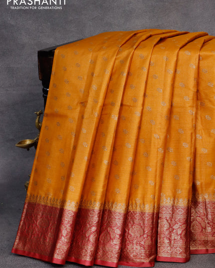 Banarasi tussar silk saree mustard yellow and maroon with allover thread & zari woven buttas and woven border