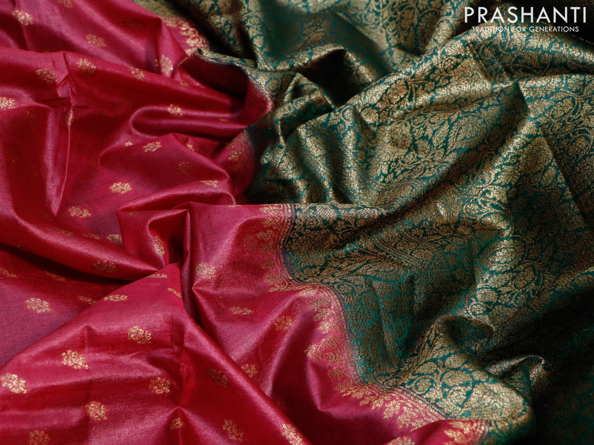 Banarasi tussar silk saree dark pink and green with allover thread & zari woven buttas and woven border