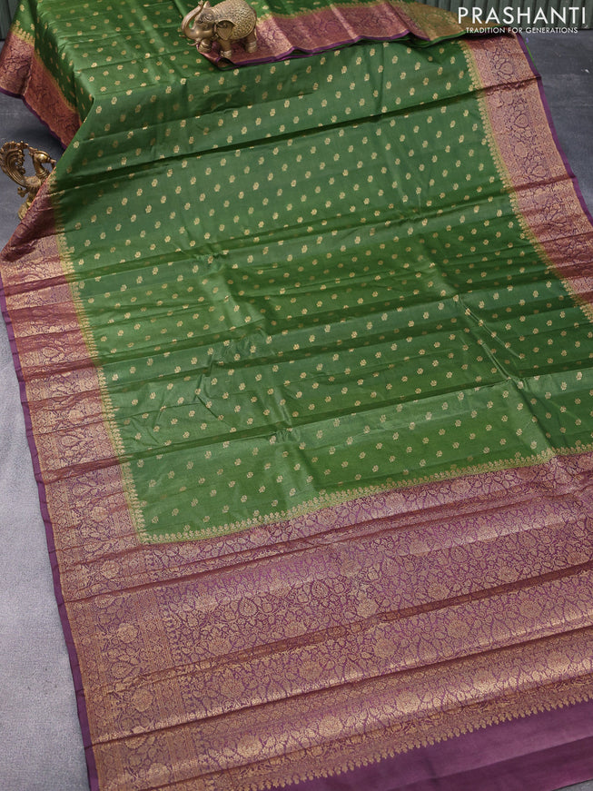 Banarasi tussar silk saree green and deep purple with allover thread & zari woven buttas and woven border