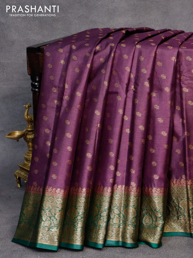 Banarasi tussar silk saree deep purple and green with allover thread & zari woven buttas and woven border
