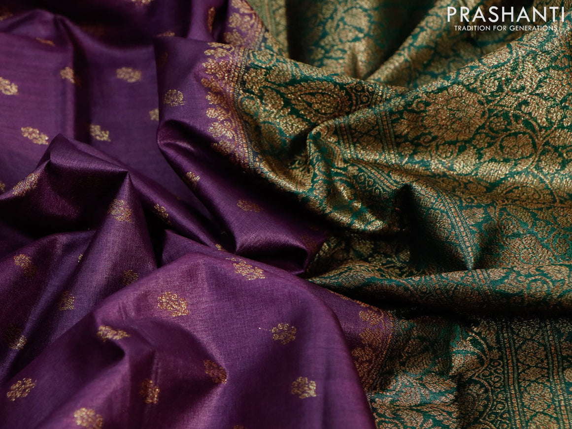 Banarasi tussar silk saree deep purple and green with allover thread & zari woven buttas and woven border
