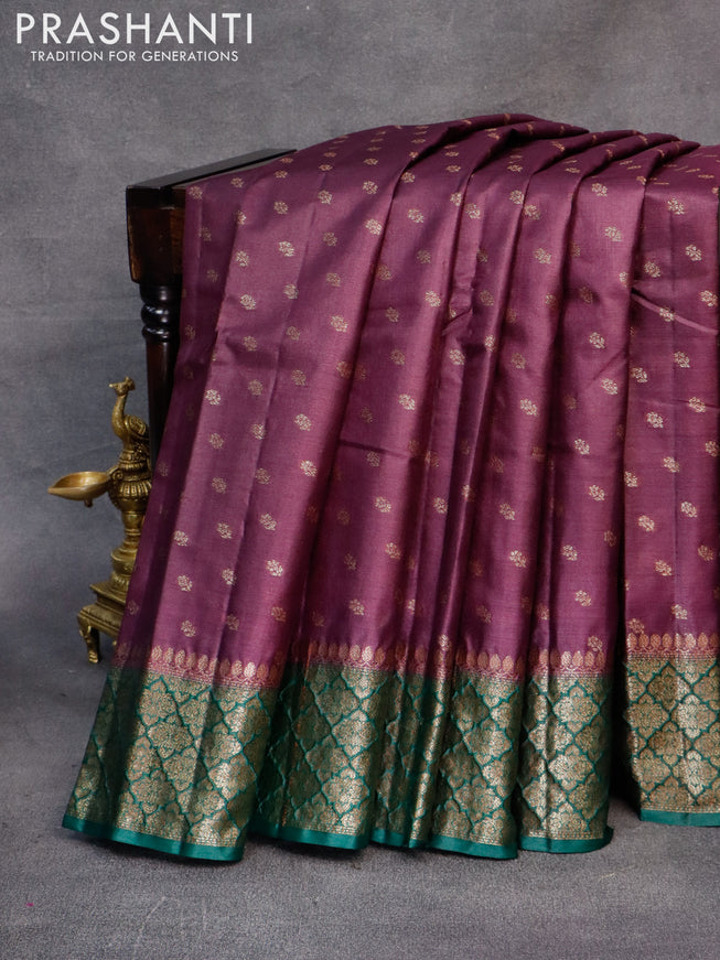 Banarasi tussar silk saree wine shade and green with thread & zari woven buttas and woven border
