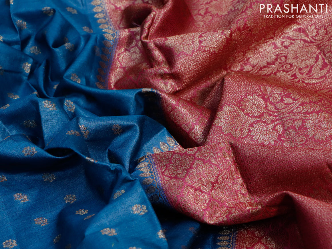 Banarasi tussar silk saree cs blue and dark pink with thread & zari woven buttas and woven border