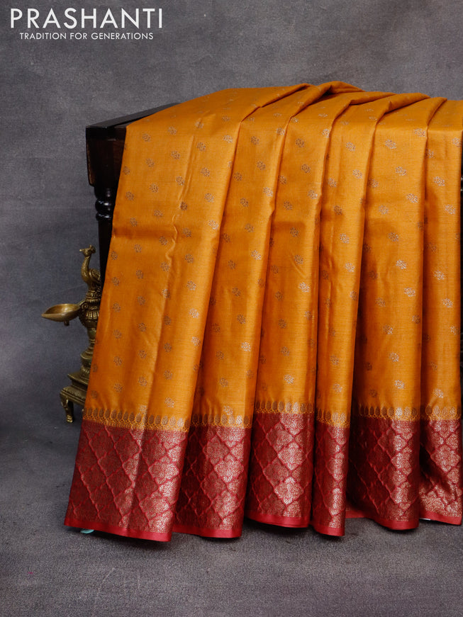 Banarasi tussar silk saree mustard yellow and maroon with thread & zari woven buttas and woven border