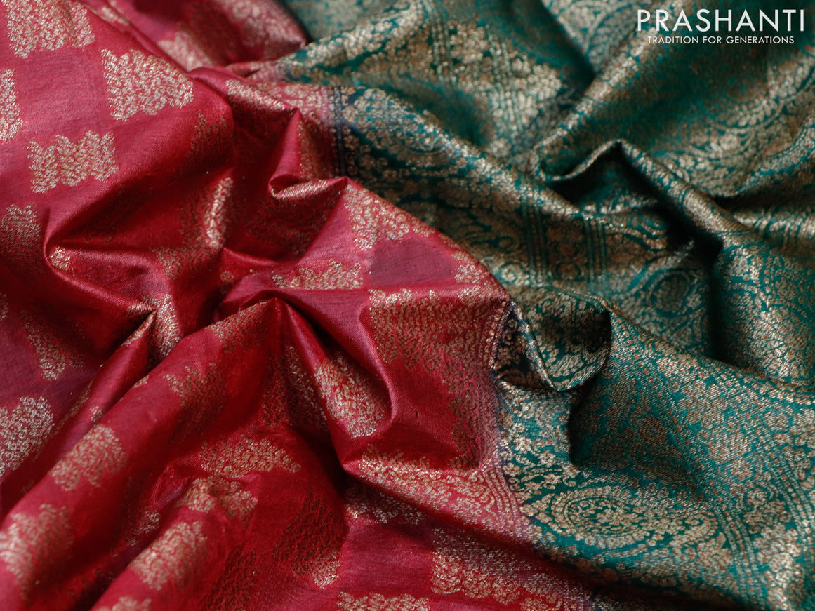 Banarasi tussar silk saree maroon and green with thread & zari woven buttas and woven border