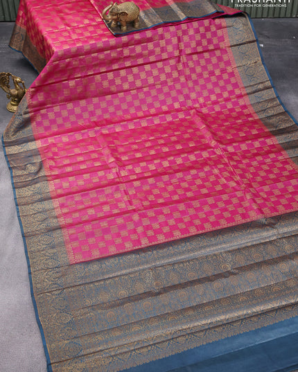 Banarasi tussar silk saree pink and peacock blue with thread & zari woven buttas and woven border