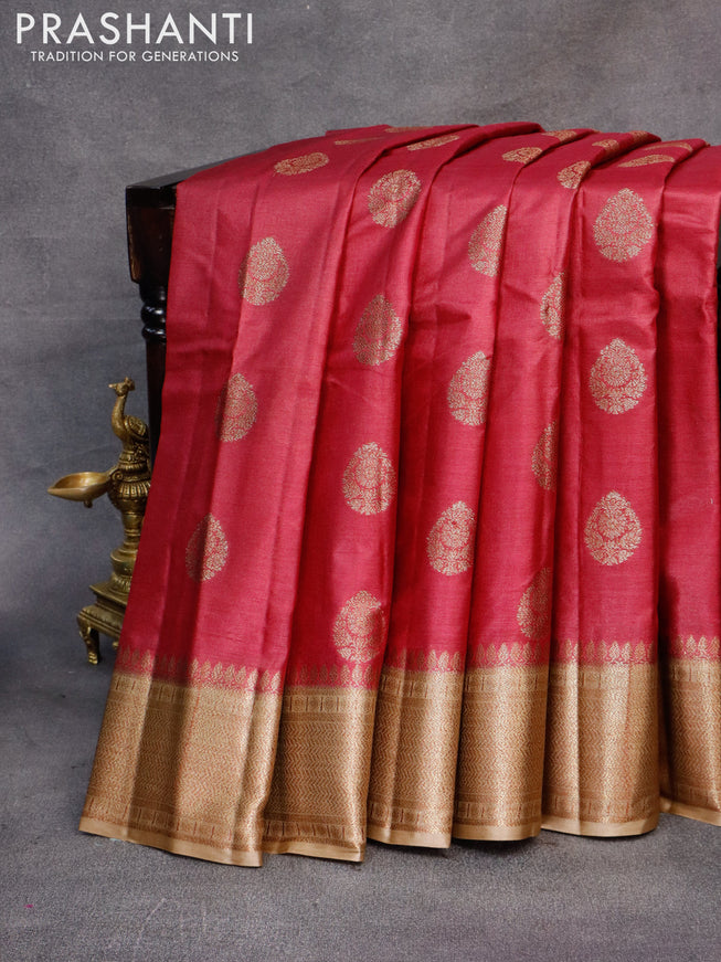Banarasi tussar silk saree dark pink and sandal with thread & zari woven buttas and woven border