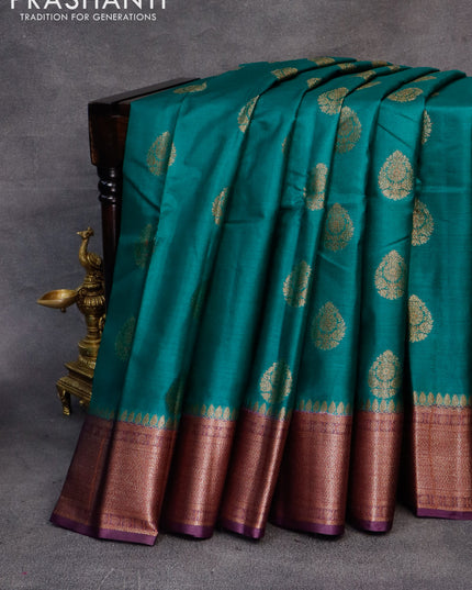 Banarasi tussar silk saree teal green and deep purple with thread & zari woven buttas and woven border