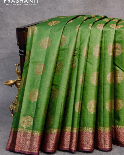 Banarasi tussar silk saree mehendi green and wine shade with thread & zari woven buttas and woven border
