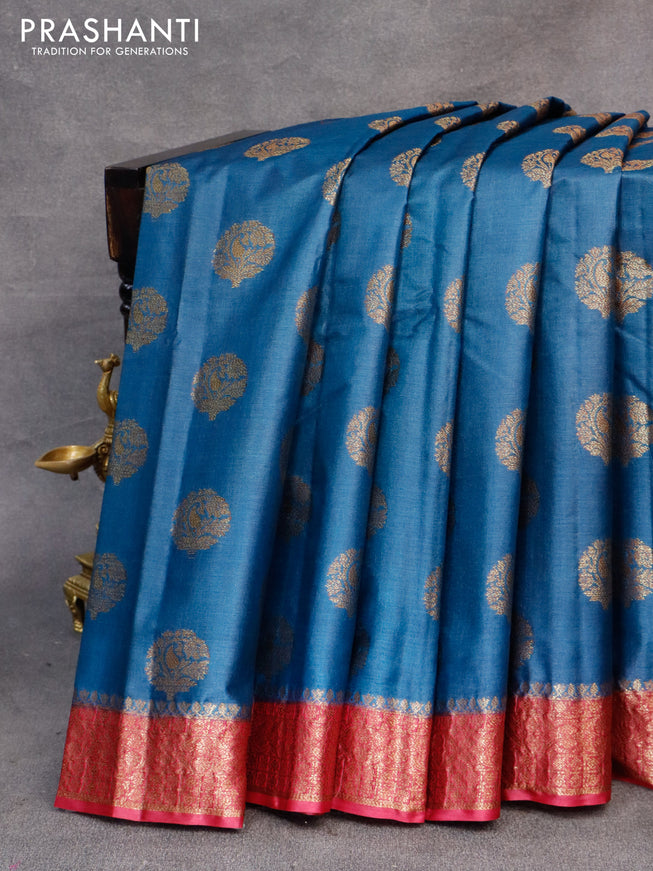 Banarasi tussar silk saree peacock blue and maroon with thread & zari woven buttas and woven border