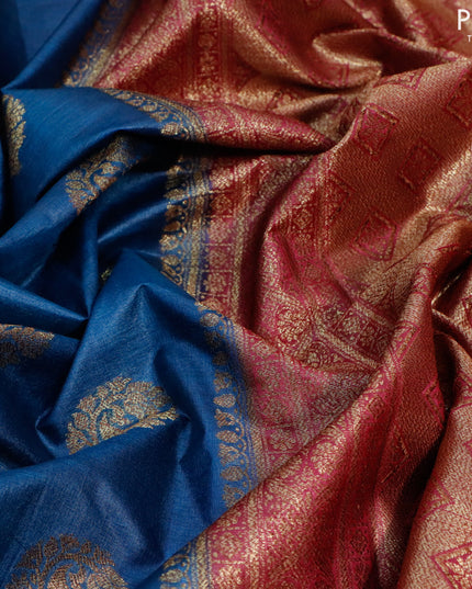 Banarasi tussar silk saree peacock blue and maroon with thread & zari woven buttas and woven border