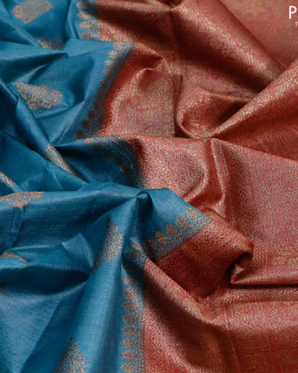 Banarasi tussar silk saree pastel blue and maroon shade with thread & zari woven buttas and woven border