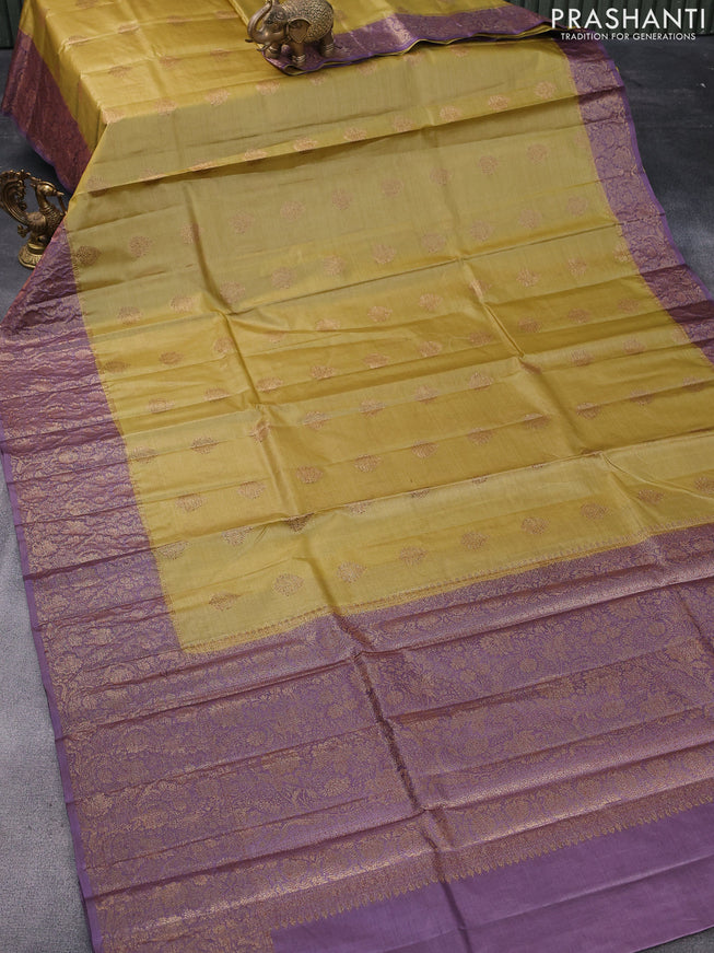 Banarasi tussar silk saree mehendi green and pastel lavender shade with thread & zari woven buttas and woven border