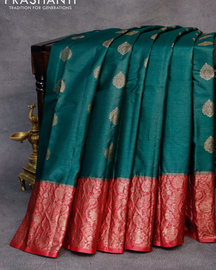 Banarasi tussar silk saree dark green and maroon with thread & zari woven buttas and woven border
