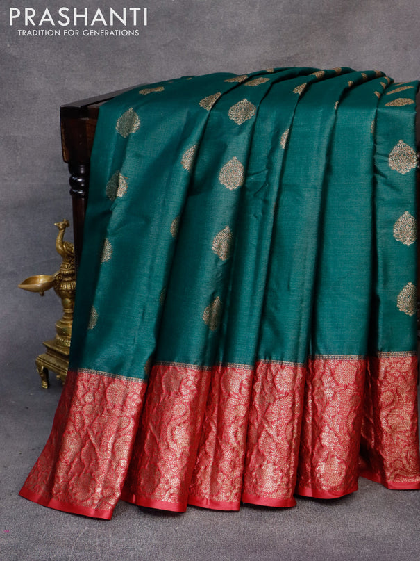 Banarasi tussar silk saree dark green and maroon with thread & zari woven buttas and woven border