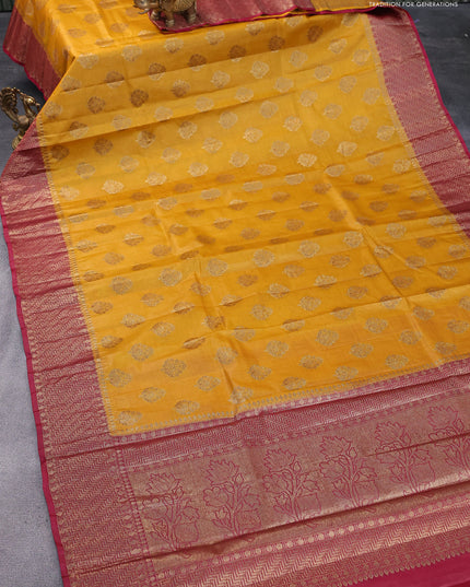 Banarasi tussar silk saree dark mustard and maroon with thread & zari woven buttas and woven border