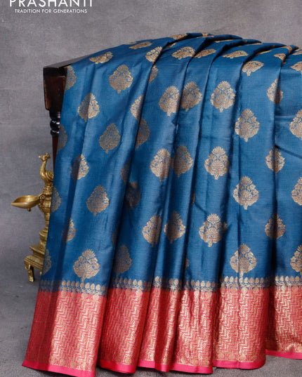 Banarasi tussar silk saree peacock blue and dark pink with thread & zari woven buttas and woven border