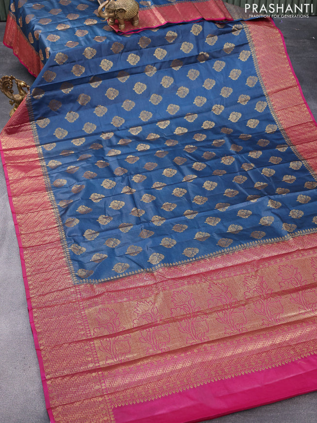 Banarasi tussar silk saree peacock blue and dark pink with thread & zari woven buttas and woven border