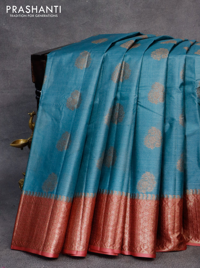 Banarasi tussar silk saree blue shade and maroon shade with thread & zari woven buttas and woven border
