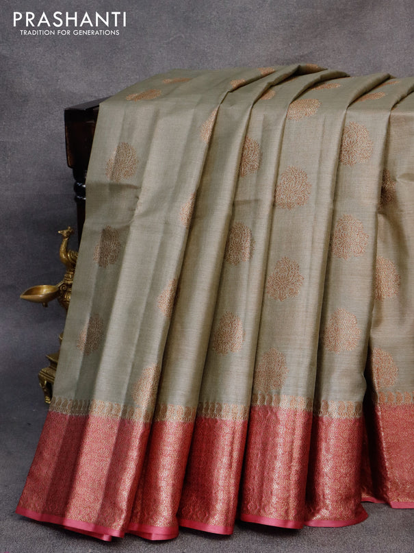 Banarasi tussar silk saree grey shade and maroon shade with thread & zari woven buttas and woven border