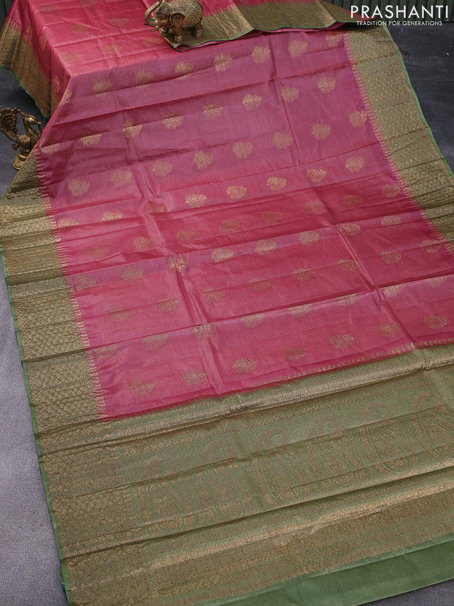 Banarasi tussar silk saree maroon shade and green with thread & zari woven buttas and woven border