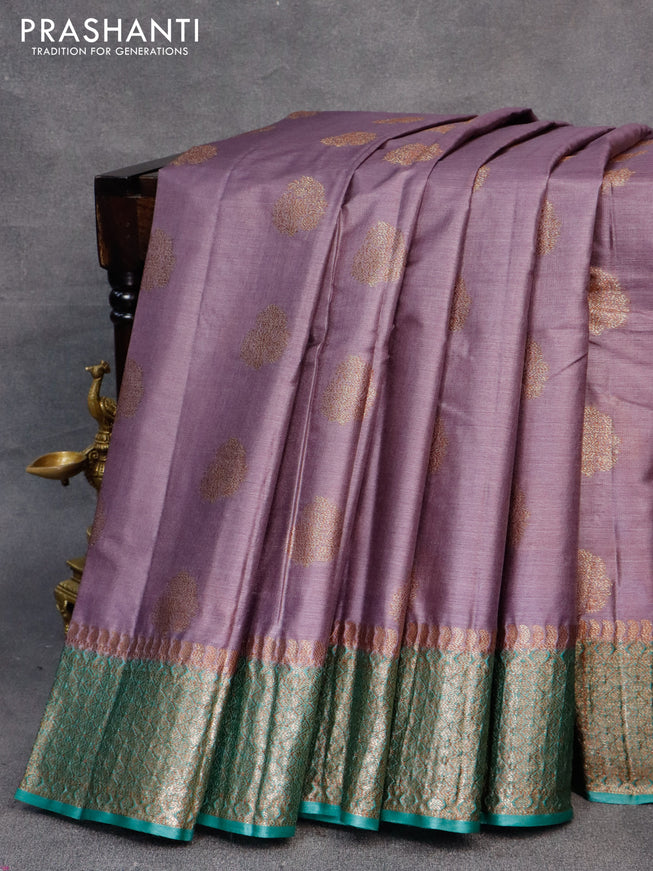 Banarasi tussar silk saree pastel lavender and green shade with thread & zari woven buttas and woven border