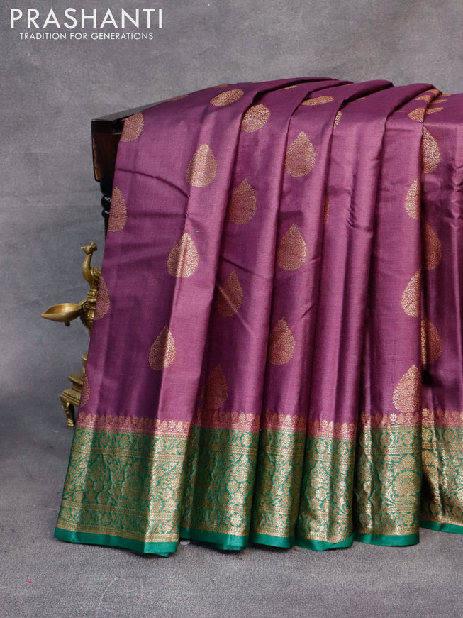 Banarasi tussar silk saree deep purple and green with thread & zari woven buttas and woven border