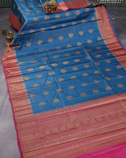 Banarasi tussar silk saree peacock blue and pink with thread & zari woven buttas and woven border