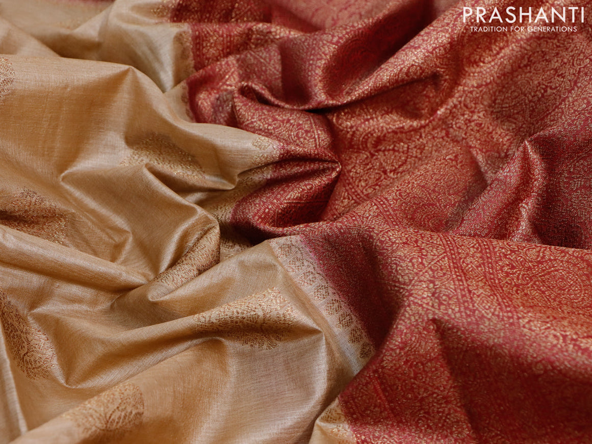 Banarasi tussar silk saree dark sandal and maroon with thread & zari woven buttas and woven border
