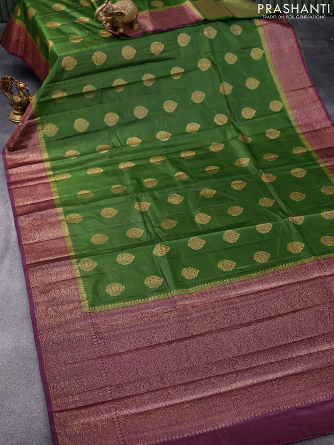 Banarasi tussar silk saree green and deep purple with thread & zari woven buttas and woven border