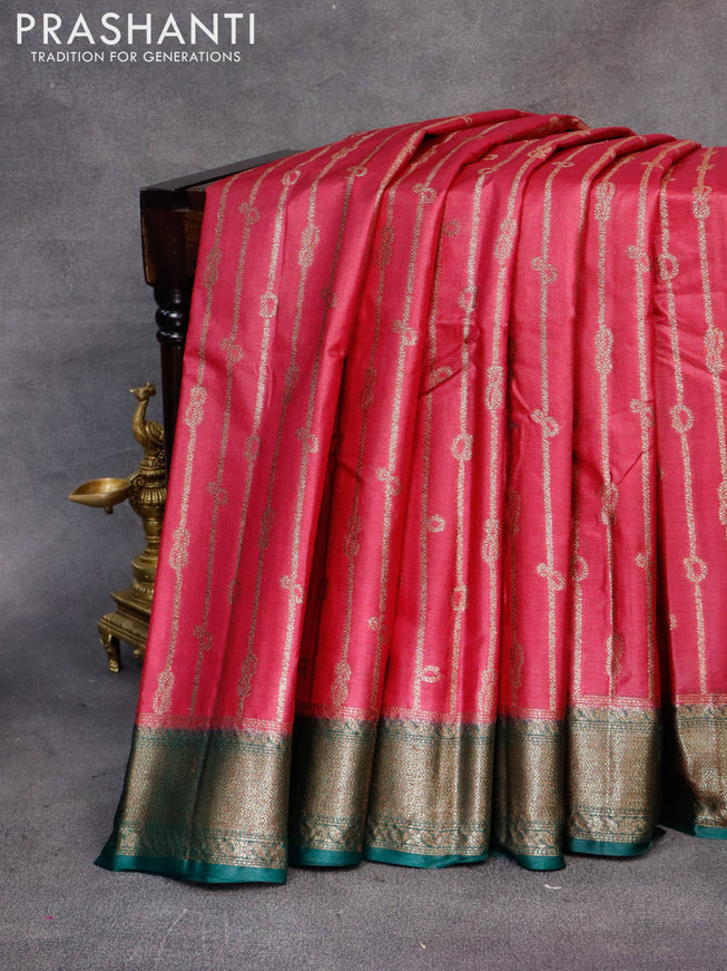 Banarasi tussar silk saree magenta pink and green with allover thread & zari weaves and woven border
