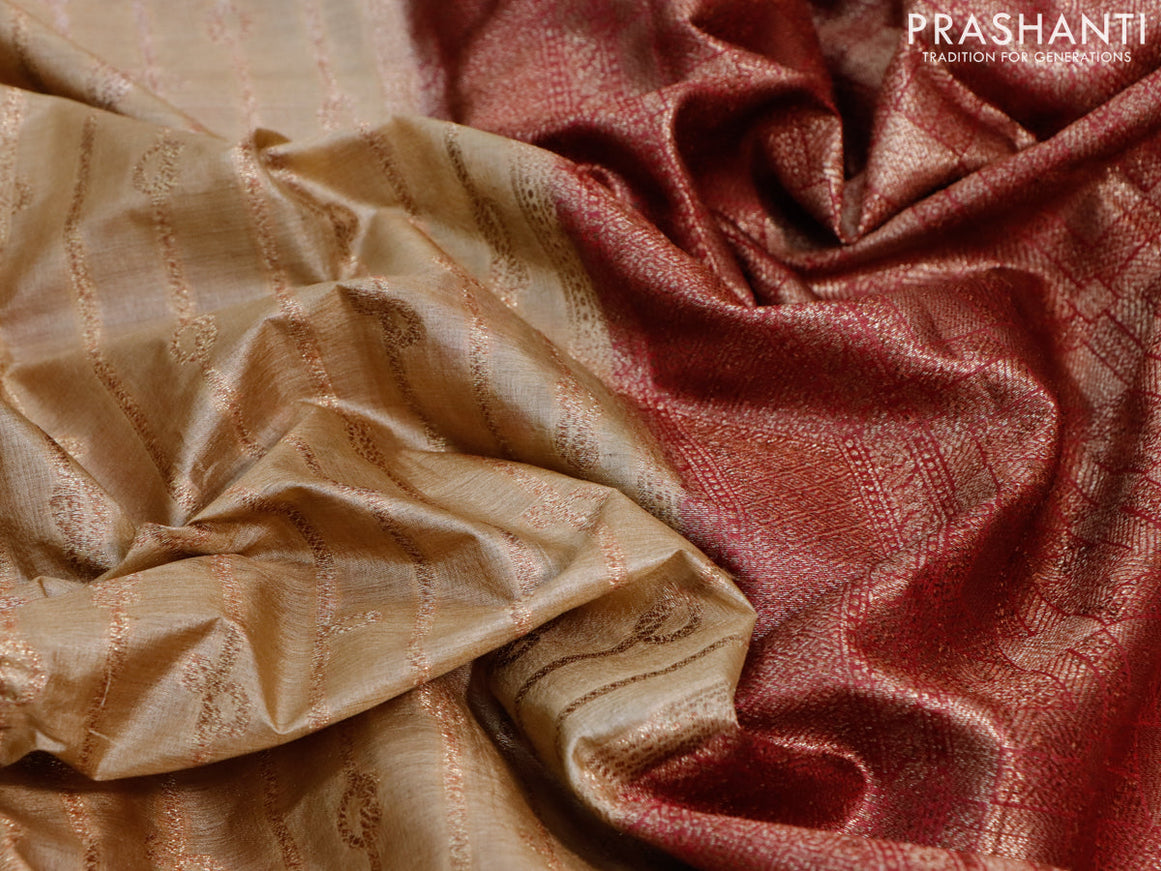 Banarasi tussar silk saree beige and maroon with allover thread & zari weaves and woven border