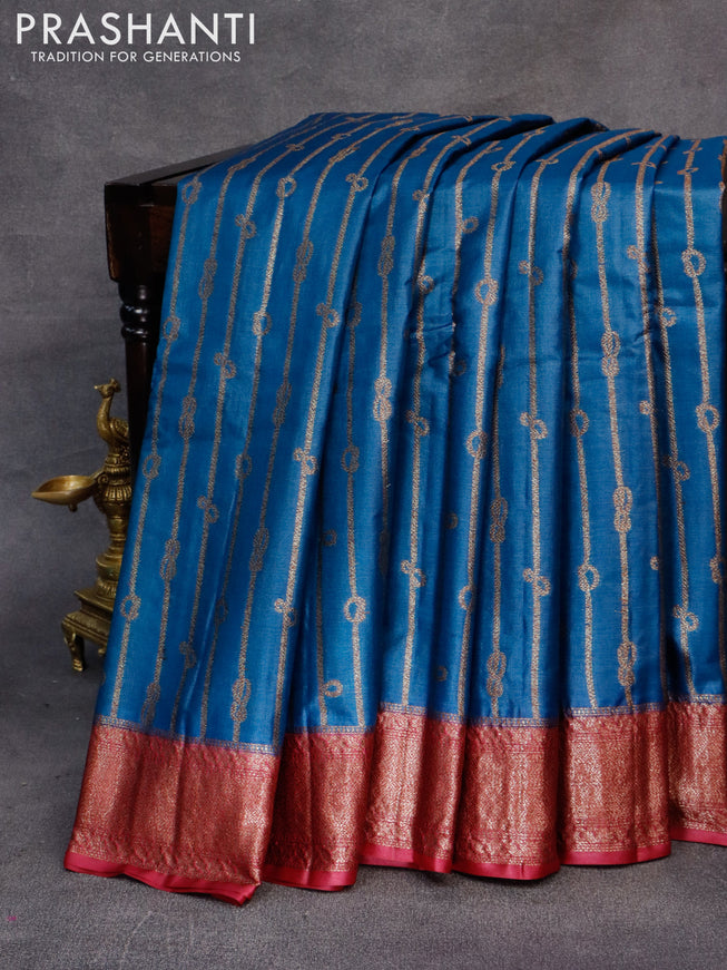 Banarasi tussar silk saree peacock blue and magenta pink with allover thread & zari weaves and woven border