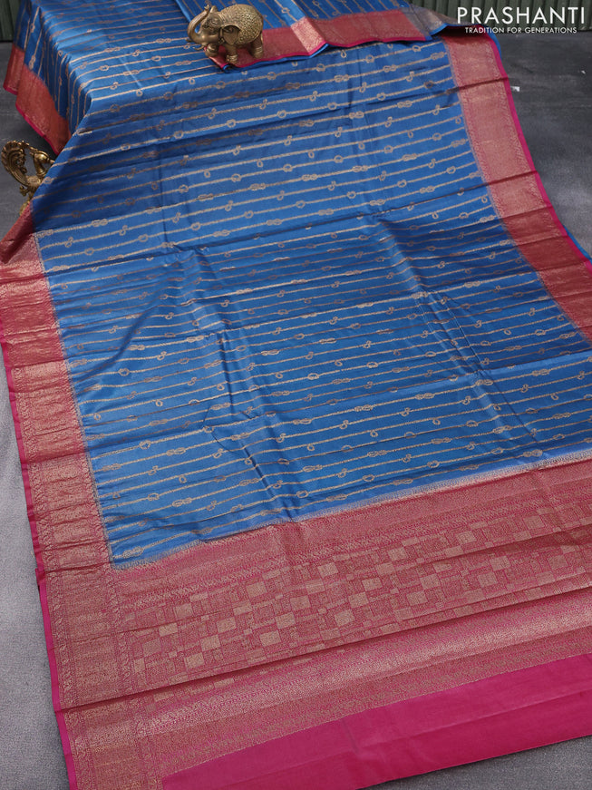 Banarasi tussar silk saree peacock blue and magenta pink with allover thread & zari weaves and woven border