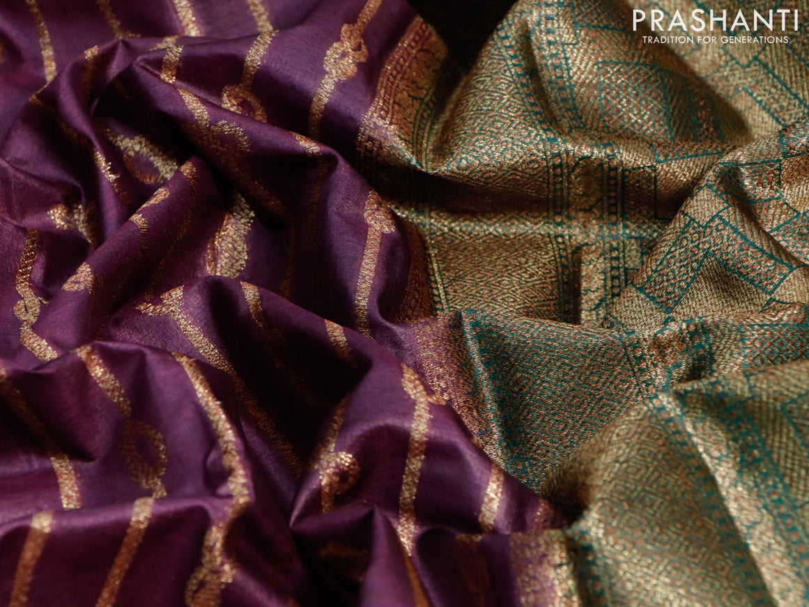 Banarasi tussar silk saree deep purple and green with allover thread & zari weaves and woven border