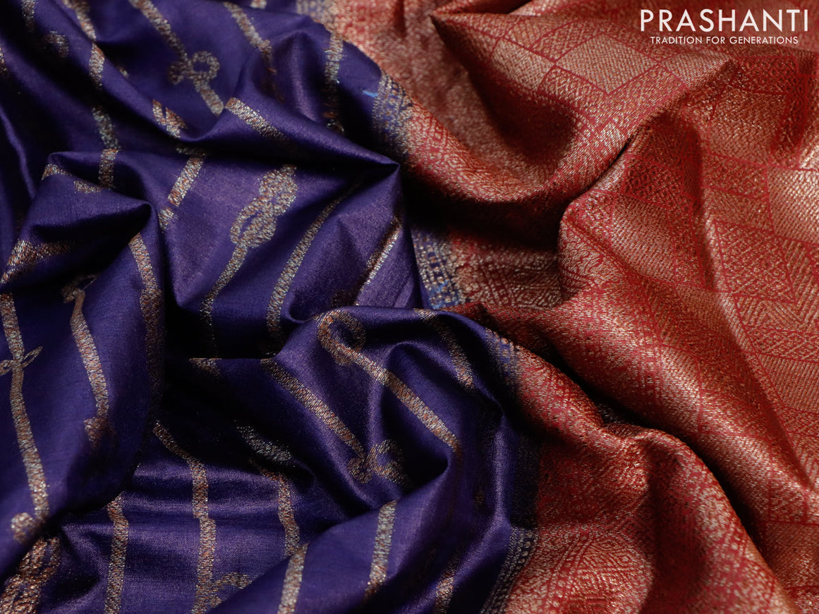 Banarasi tussar silk saree blue and maroon with allover thread & zari weaves and woven border
