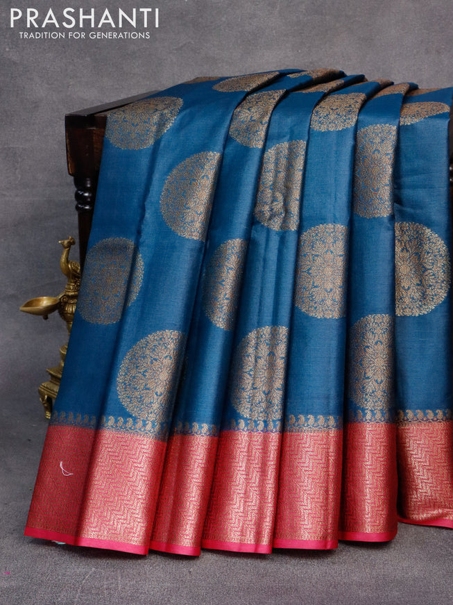 Banarasi tussar silk saree peacock blue and magenta pink with thread & zari woven buttas and woven border