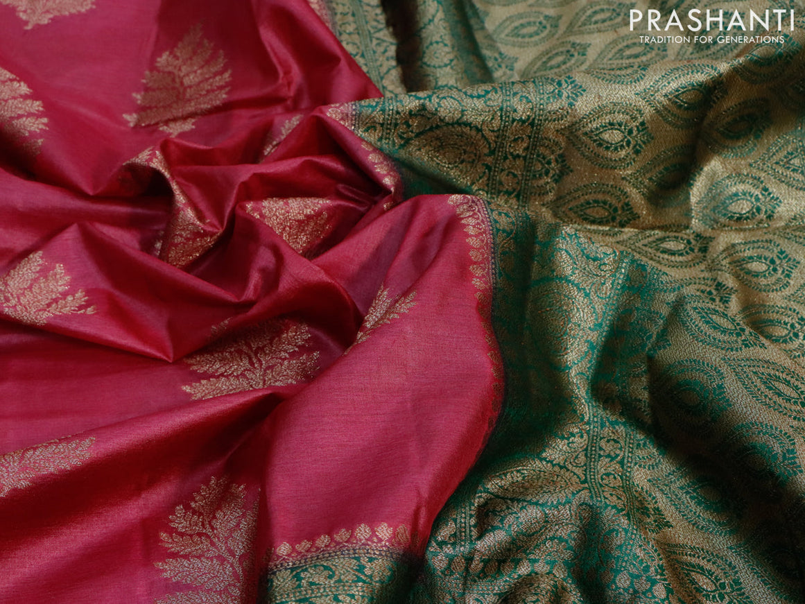 Banarasi tussar silk saree magenta pink and green with thread & zari woven buttas and woven border