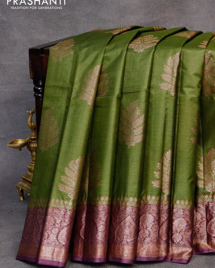 Banarasi tussar silk saree mehendi green and deep purple with thread & zari woven buttas and woven border